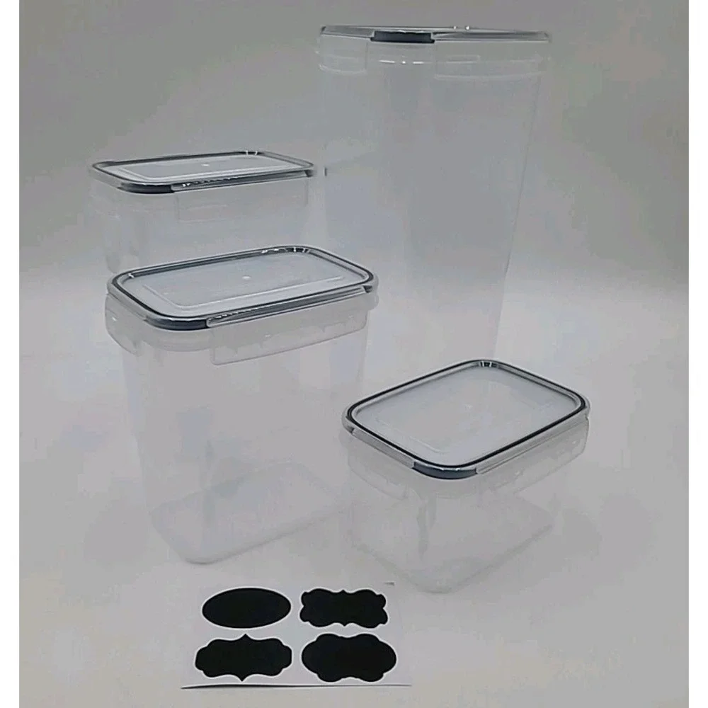 4 Air Tight Clear Plastic Food Storage Containers & Labels .7-2.5qt